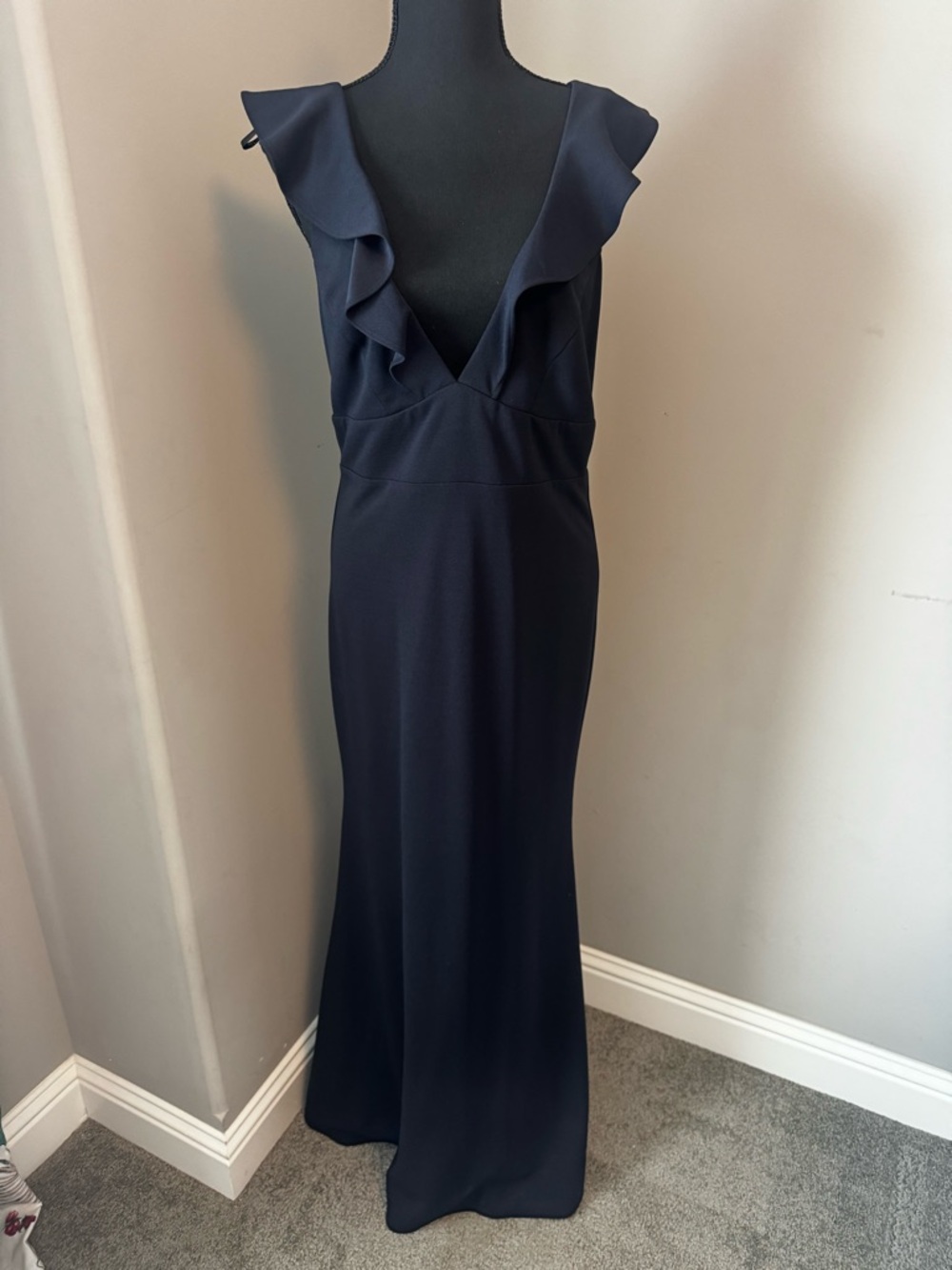Lulu's Navy Ruffle V-Neck Maxi Gown